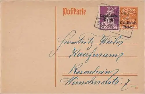 Poste ferroviaire: entier de Würzburg à Rosenheim 1920 avec cachet