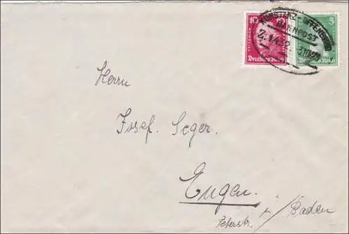 Poste ferroviaire: Lettre d'Immendingen avec le cachet de la gare Konstance-Offenburg 1929