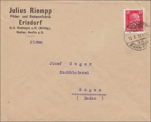 Bahnpost: Brief von Erisdorf/Riedlingen nach Engen mit Bahnpost Stempel 1928