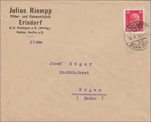 Poste ferroviaire: Lettre d'Erisdorf/Riedlingen à Engen avec poste ferroviaire cachet 1928