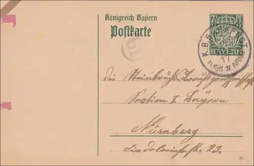 Poste ferroviaire: entier avec le cachet du poste ferroviaire vers Nuremberg 1917