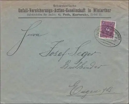 Bahnpost: Brief von Karlsruhe mit Zugstempel Radolfzell-Sigmaringen 1922