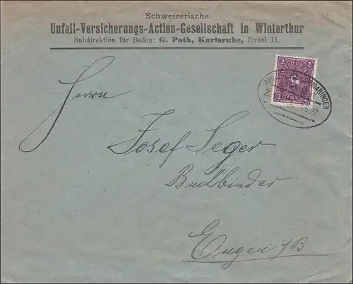 Poste ferroviaire: Lettre de Karlsruhe avec le cachet de train Radolfzell-Sigmaringen 1922