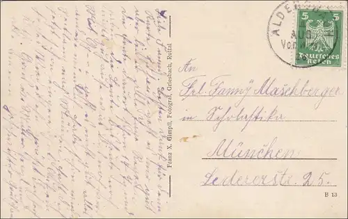 Bahnpost: Carte de Walchsing / Aldersbach vers Munich 1926