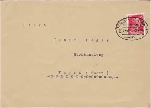 Bahnpost: Brief aus Hinterschingen mit Zugstempel Konstanz-Offenburg 1925