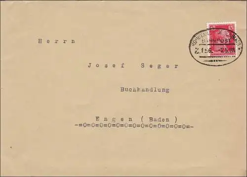 Bahnpost: Brief aus Hinterschingen mit Zugstempel Konstanz-Offenburg 1925