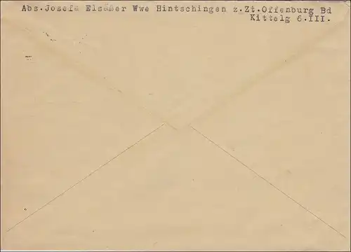 Bahnpost: Brief aus Hinterschingen mit Zugstempel Konstanz-Offenburg 1925