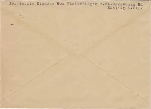 Bahnpost: Brief aus Hinterschingen mit Zugstempel Konstanz-Offenburg 1925