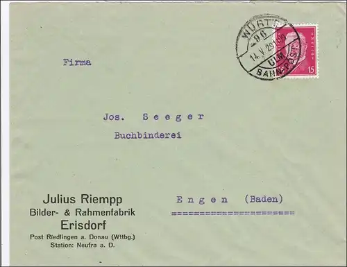 Bahnpost: Brief aus Erisdorf/Riedlingen mit Bahnpost Stempel 1929