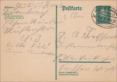 Bahnpost: Ganzsache mit Zugstempel Köln-Mönchengladbach 1929