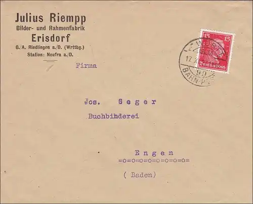 Bahnpost: Brief aus Erisdorf/Riedlingen mit Bahnpost Stempel 1927