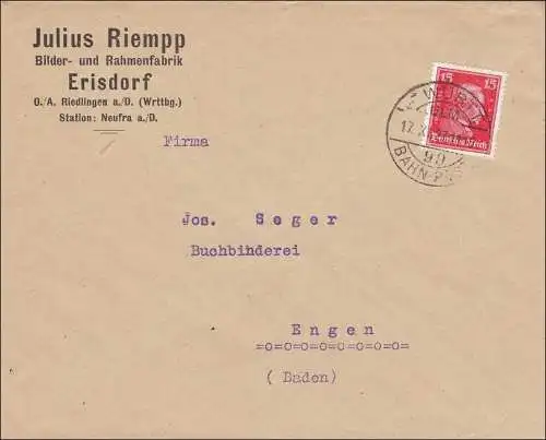 Bahnpost: Brief aus Erisdorf/Riedlingen mit Bahnpost Stempel 1927