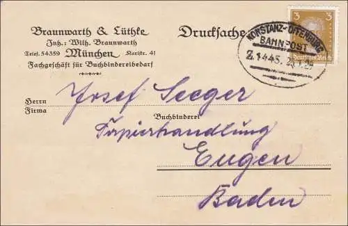 Poste ferroviaire: Imprimerie Carte de Munich avec le cachet de train Konstanz-Offenburg 1929