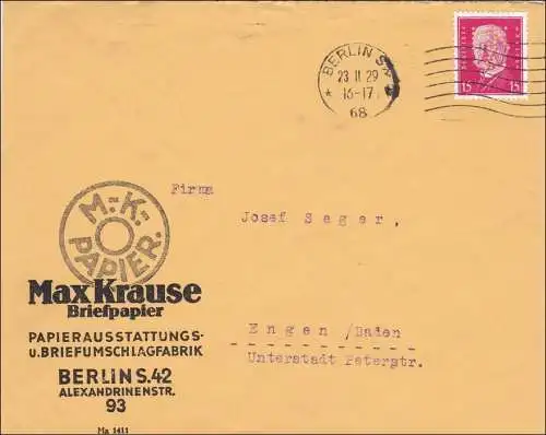 Perfin: Lettre de Berlin 1929, Max Krause Papier à lettres, MK