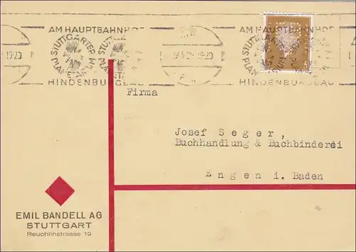 Perfin: Lettre de Stuttgart, Hindenburgbau Stamp publicitaire, Emil Bandell AG, EB