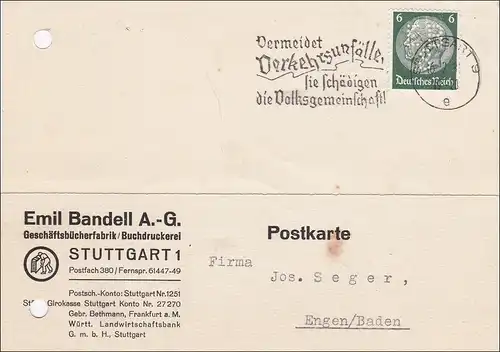 Perfin: Brief Stuttgart, Emil Ban dell, EB8, Werbestempel Verkehrsunfälle 1937