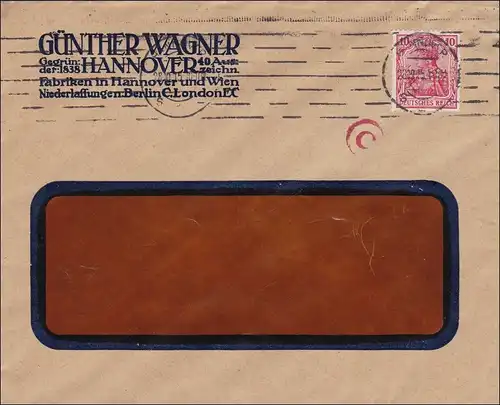Perfin: Lettre de Hanovre, Günther Wagner, CW, 1915