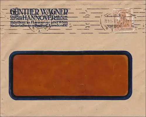 Perfin: Lettre de Hanovre, Günther Wagner 1916, G.W.
