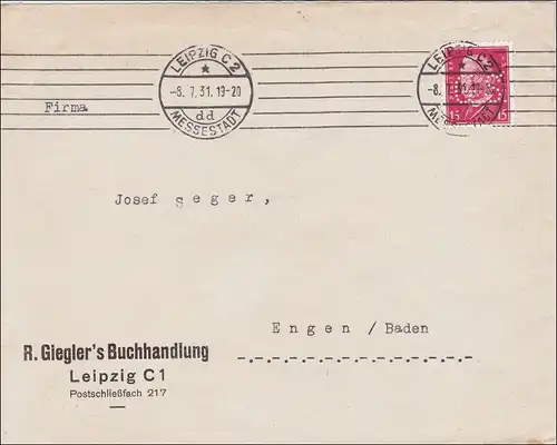 Perfin: Brief aus Leipzig, R. Gieglers Buchhandlung, 1931, GS