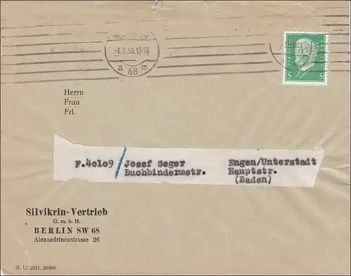 Perfin: Brief aus Berlin, Silvikrin-Vertrieb, 1930, EW