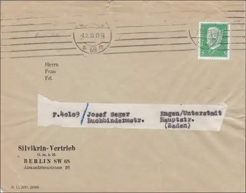 Perfin: Brief aus Berlin, Silvikrin-Vertrieb, 1930, EW