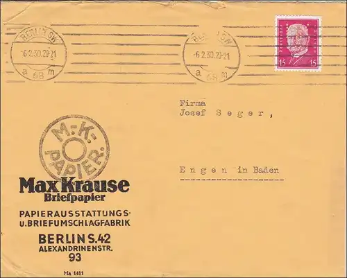 Perfin: Lettre de Berlin en 1930, Max Krause Papier à lettres, MK