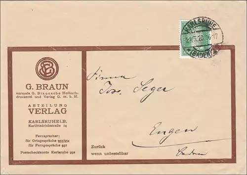 Perfin: Brief aus Karlsruhe, 1928, G. Braun, Verlag