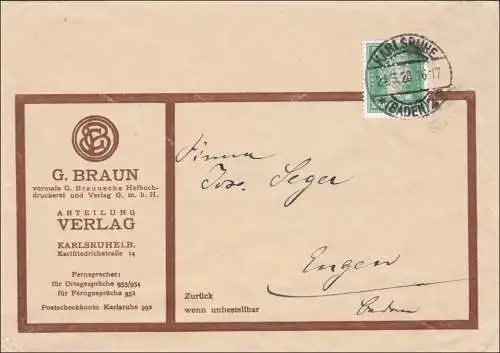 Perfin: Lettre de Karlsruhe, 1928, G. Braun, Editeur