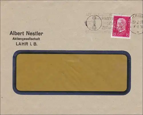 Perfin: Lettre de Lahr au Breisgau, Albert Nestler, 1930, A.N.