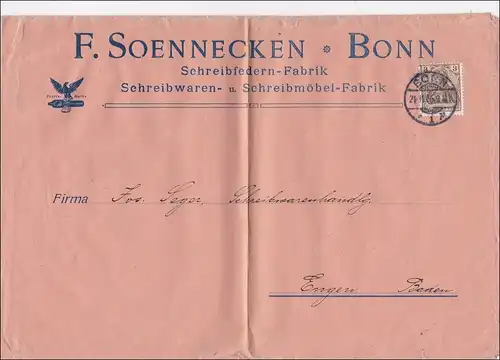 Perfin: Lettre de Bonn, F. Soennecken, 1906, plumes d'écriture, SF