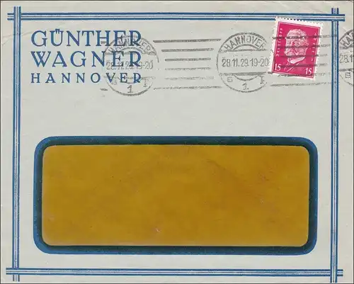 Perfin: Brief aus Hannover, Günther Wagner, 1929, GW