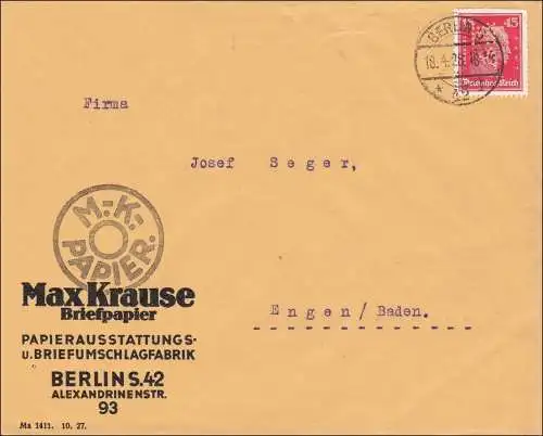 Perfin: Lettre de Berlin, Max Krause, papier à lettres, 1928, MK