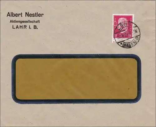 Perfin: Brief aus Lahr, Albert Nestler, 1929, A.N.