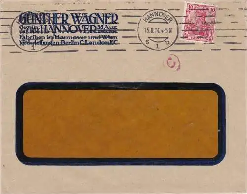 Perfin: Brief aus Hannover, Günther Wagner, 1914, GW