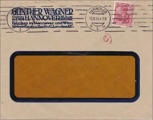 Perfin: Lettre de Hanovre, Günther Wagner, 1914, GW