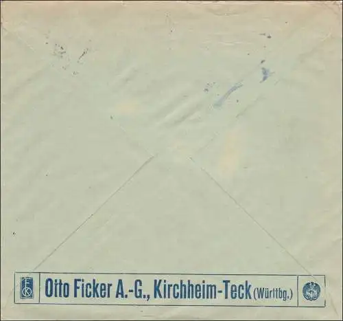 Perfin: Brief aus Kirchheim Teck, 1922, Otto Ficker AG,