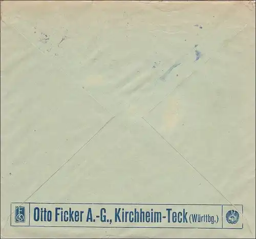 Perfin: Lettre de Kirchheim Teck, 1922, Otto Ficker AG,
