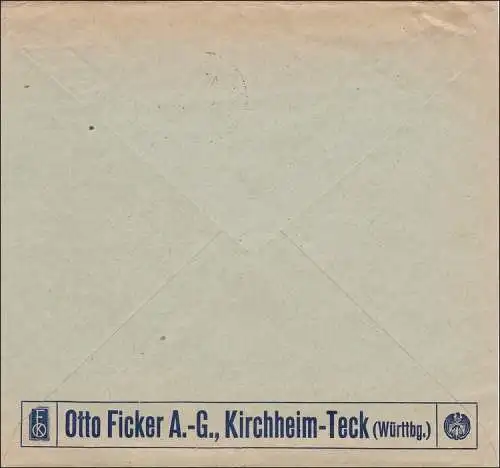 Perfin: Brief aus Kirchheim Teck, Otto Ficker AG, 1921,