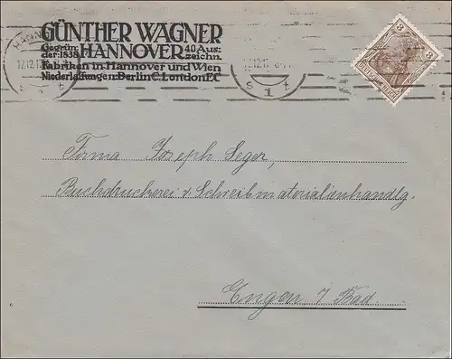 Perfin: Lettre de Hanovre, Günther Wagner, 1917, Pelikan, CW