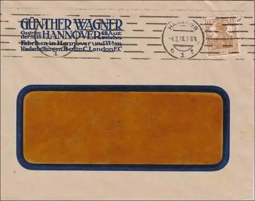 Perfin: Lettre de Hanovre, Günther Wagner, 1918, Pelikan, CW