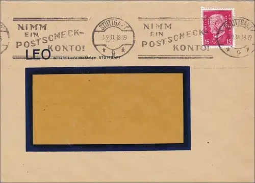 Perfin: Lettre de Stuttgart, timbre publicitaire, compte-chèque postal 1931, LEO