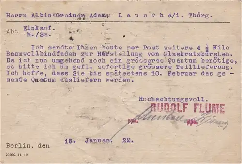 Perfin: Postkarte, Rudolf Flume, Berlin, 1927, RF nach Lausch, Thüringen
