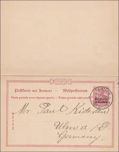 Marokko: Ganzsache mit Antwort aus Tanger nach Ulm 1901