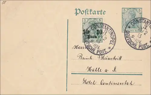 Türkei: Ganzsache Constantinopel 1913 nach Halle