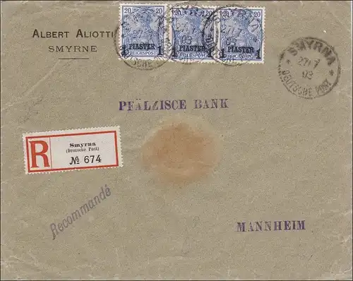 Turquie: Lettre recommandée de Smyrna à Mannheim 1903, 14II