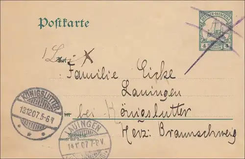 DOA: Ganzsache nach Königslutter und Lauingen 1907