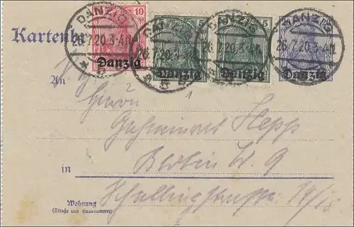 Gdansk: Lettre de carte complète à Berlin en 1920 avec contenu texte