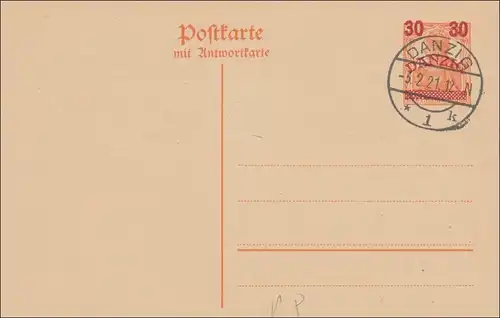 Danzig: Ganzsache P8 mit Stempel Danzig 1921 mit Blanko Antwort