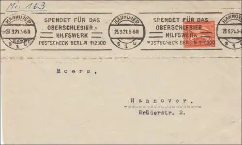 Haute Silésie: Hanovre 1921 avec cachet publicitaire pour Ober Schlesier Umweltwerk