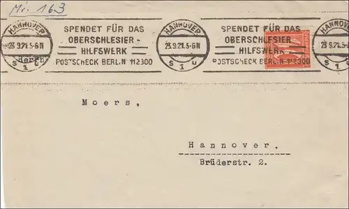 Oberschlesien:  Hannover 1921 mit Werbestempel für Oberschlesier Hilfswerk